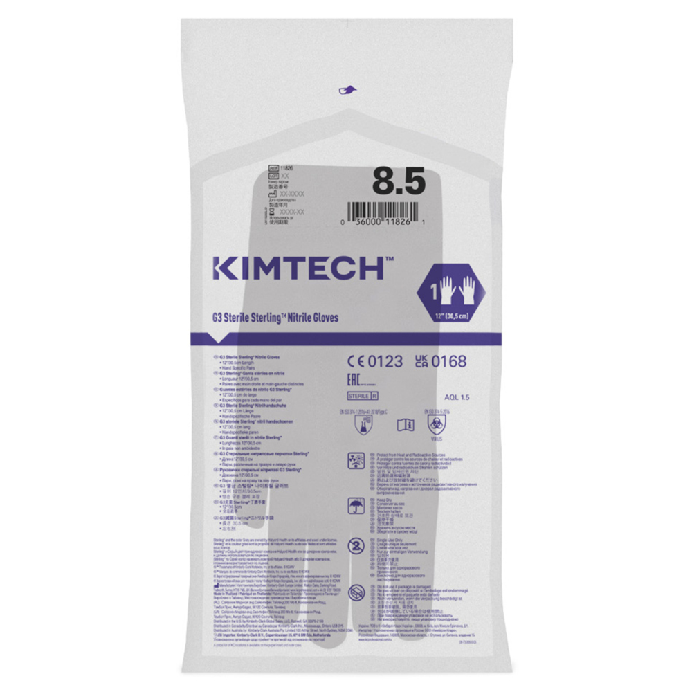 Kimtech™ G3 Sterling™ Sterile Nitrile Hand Specific Gloves 11826 - Grey, Size 8.5, 10 bags x 30 pairs (300 pairs / 600 gloves), length 30.5 cm - 11826