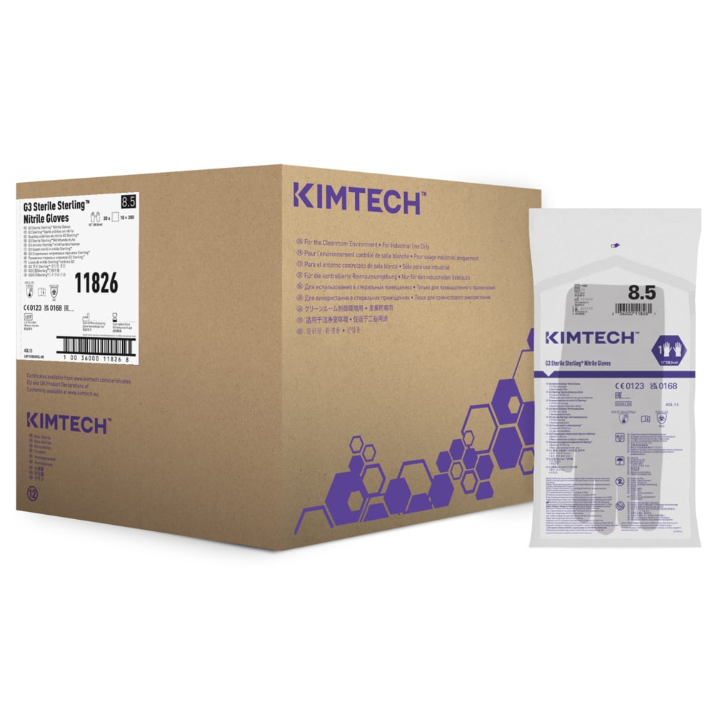 Kimtech™ G3 Sterling™ Sterile Nitrile Hand Specific Gloves 11826 - Grey, Size 8.5, 10 bags x 30 pairs (300 pairs / 600 gloves), length 30.5 cm - 11826