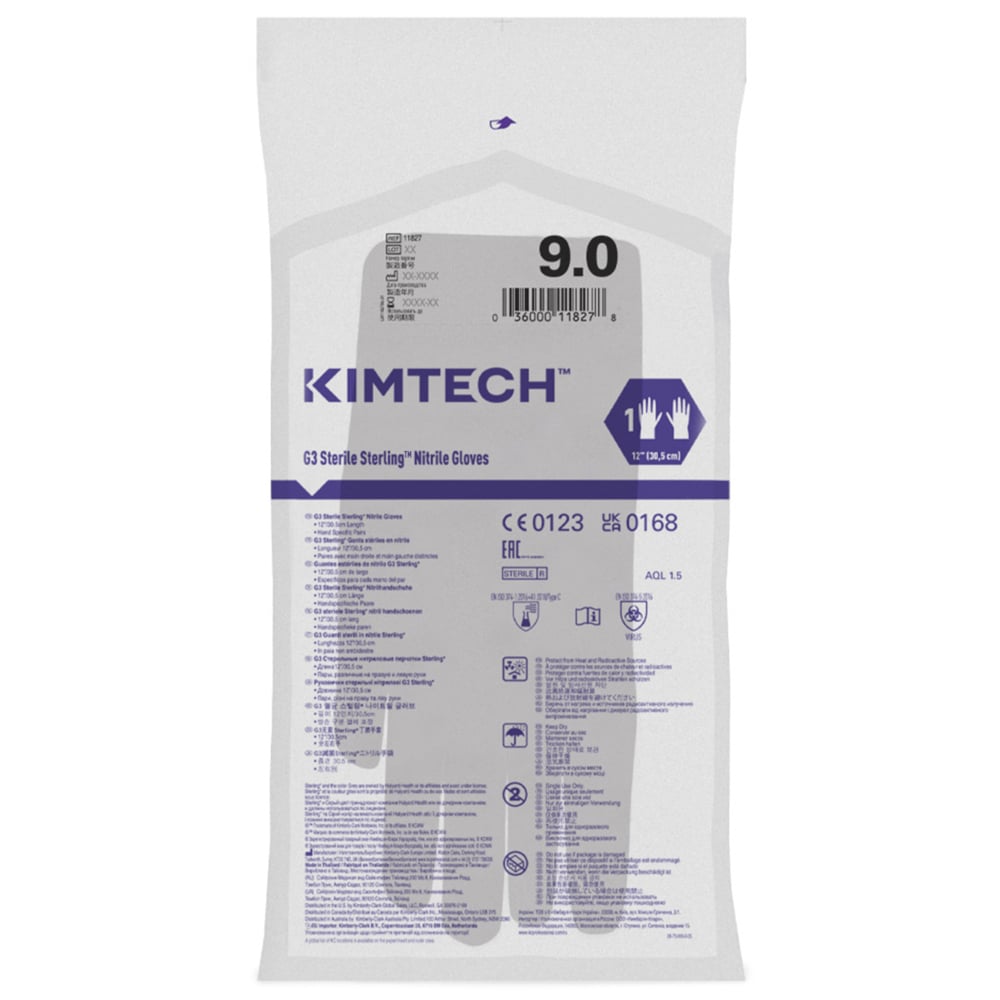 Kimtech™ G3 Sterling™ Sterile Nitrile Hand Specific Gloves 11827 - Grey, Size 9, 10 bags x 30 pairs (300 pairs / 600 gloves), length 30.5 cm - 11827