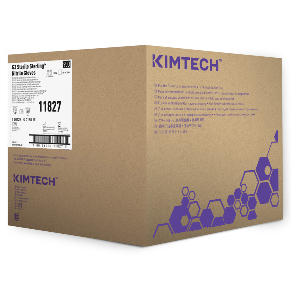 Kimtech™ G3 Sterling™ Sterile Nitrile Hand Specific Gloves 11827 - Grey, Size 9, 10 bags x 30 pairs (300 pairs / 600 gloves), length 30.5 cm - 11827