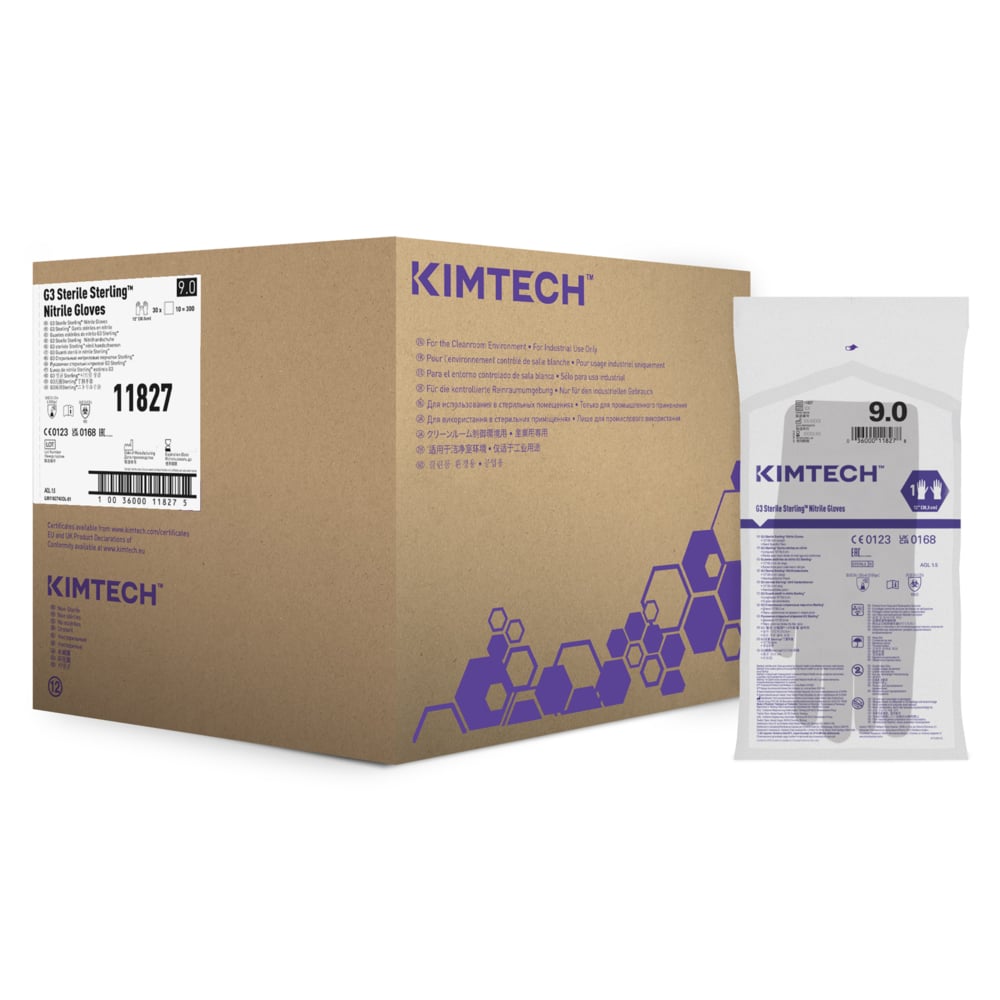 Kimtech™ G3 Sterling™ Sterile Nitrile Hand Specific Gloves 11827 - Grey, Size 9, 10 bags x 30 pairs (300 pairs / 600 gloves), length 30.5 cm - 11827