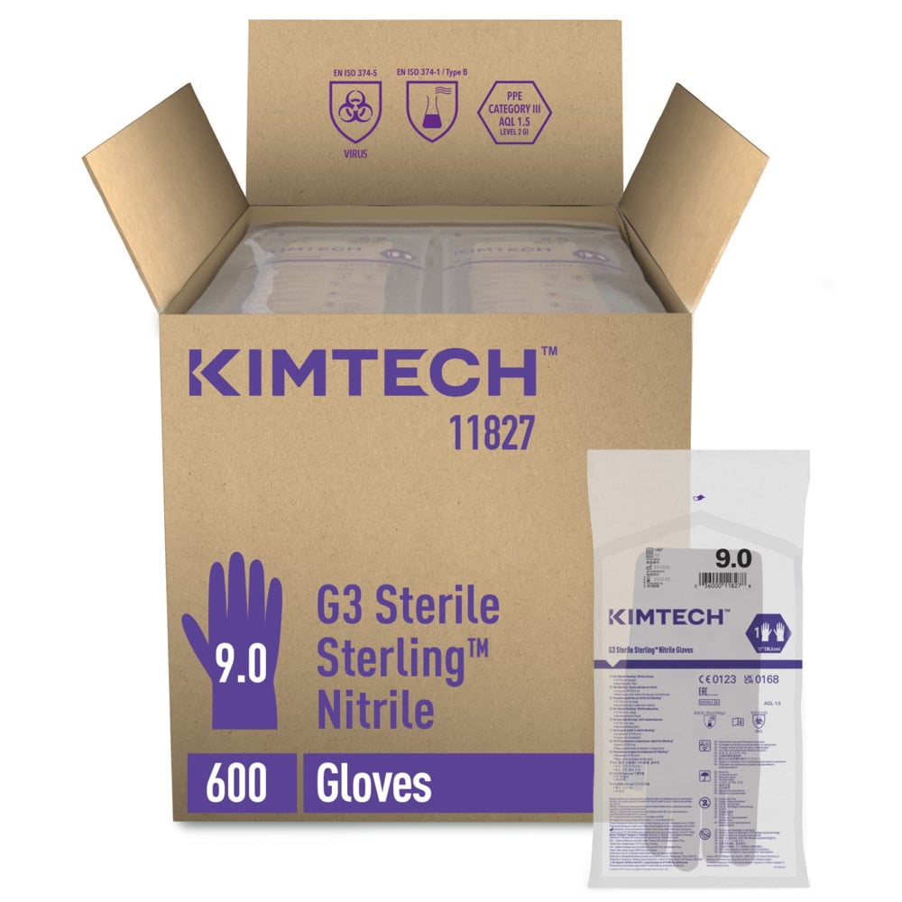 Kimtech™ G3 Sterling™ Sterile Nitrile Hand Specific Gloves 11827 - Grey, Size 9, 10 bags x 30 pairs (300 pairs / 600 gloves), length 30.5 cm - 11827