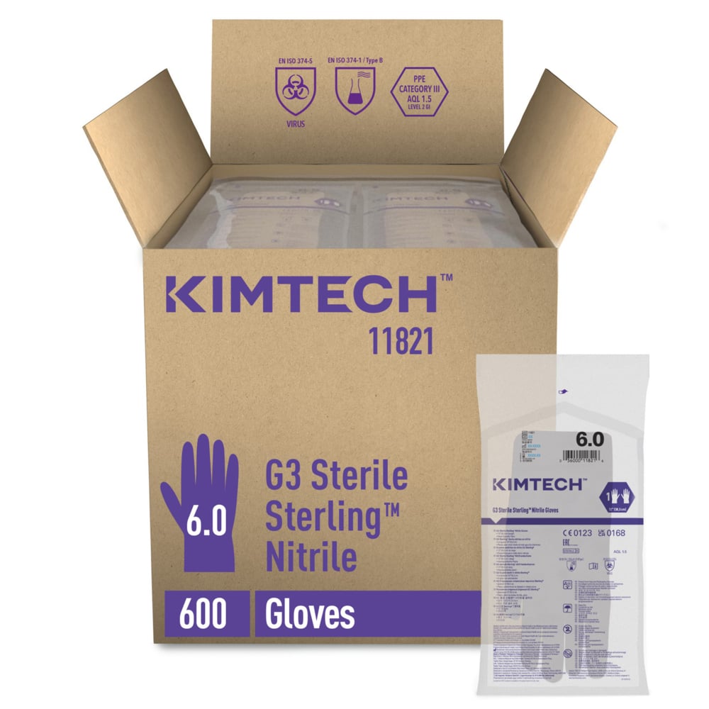 Kimtech™ G3 Sterling™ Sterile Nitrile Hand Specific Gloves 11821 - Grey, Size 6, 10 bags x 30 pairs (300 pairs / 600 gloves), length 30.5 cm - 11821