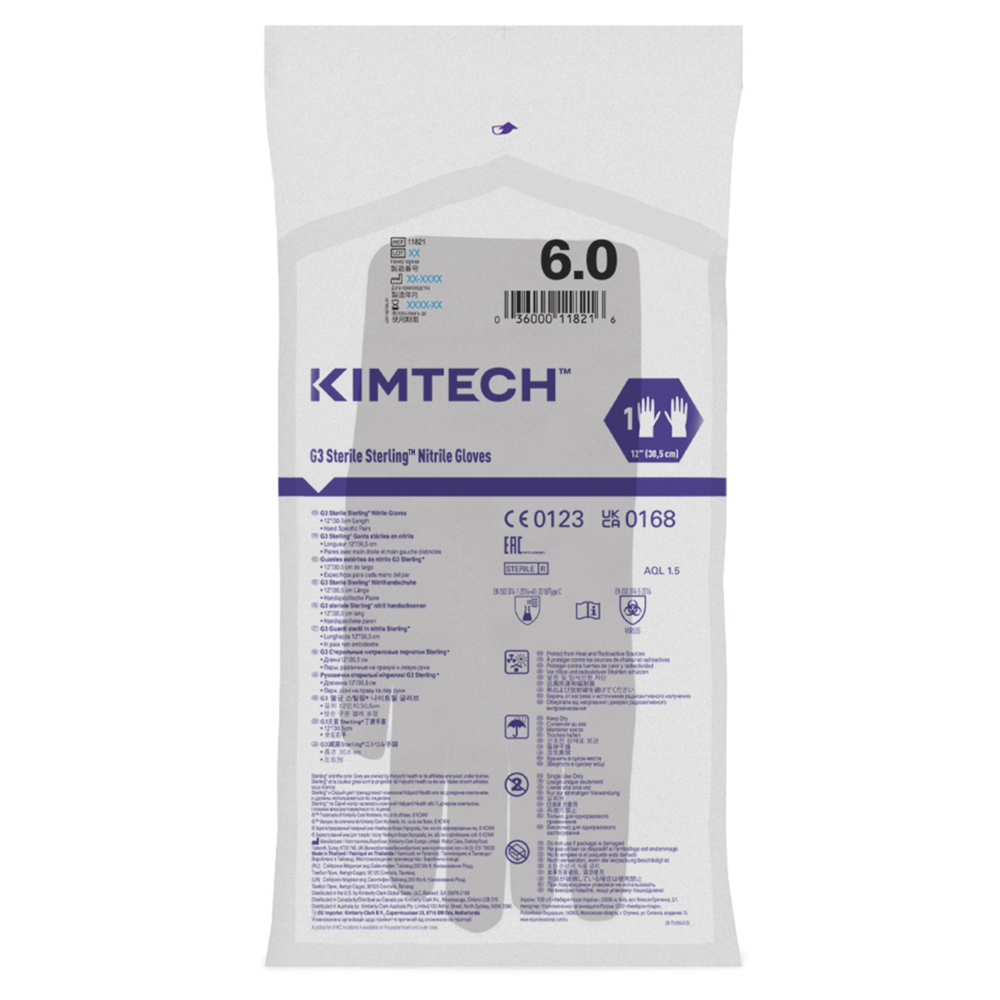 Kimtech™ G3 Sterling™ Sterile Nitrile Hand Specific Gloves 11821 - Grey, Size 6, 10 bags x 30 pairs (300 pairs / 600 gloves), length 30.5 cm - 11821