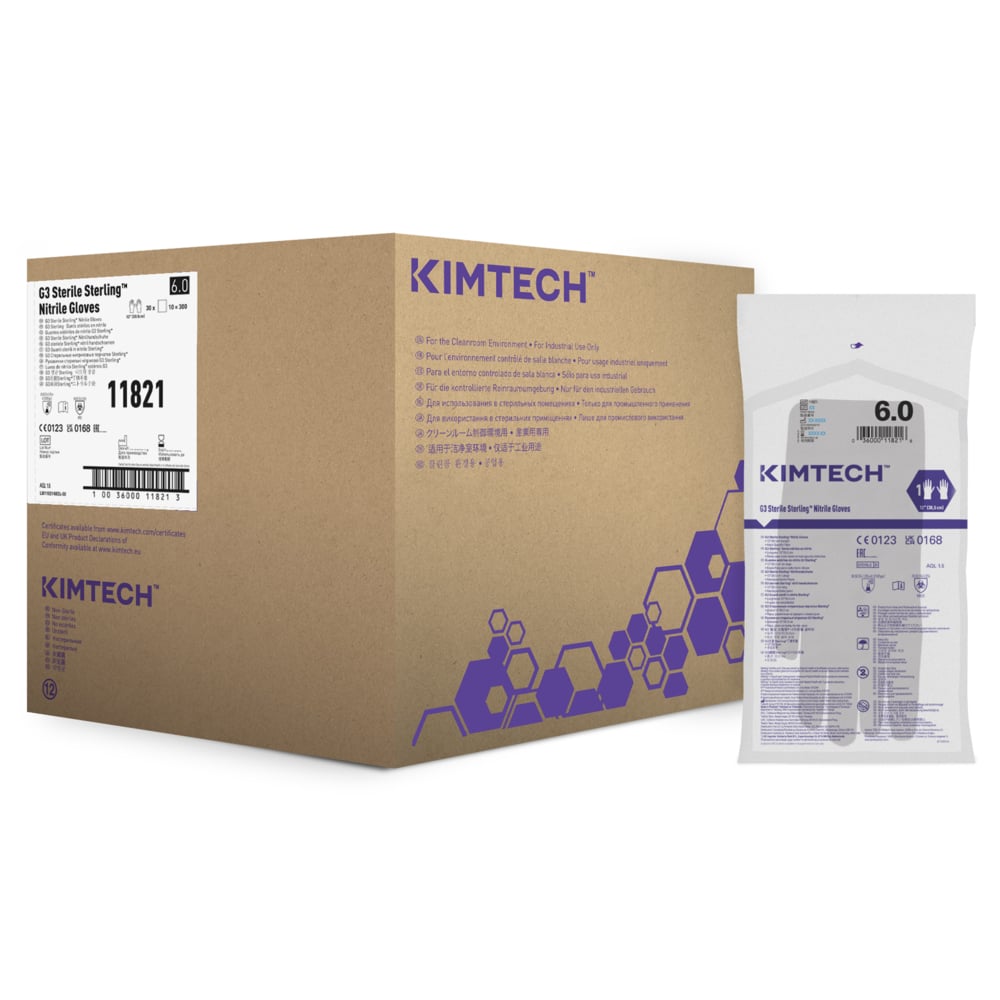 Kimtech™ G3 Sterling™ Sterile Nitrile Hand Specific Gloves 11821 - Grey, Size 6, 10 bags x 30 pairs (300 pairs / 600 gloves), length 30.5 cm - 11821