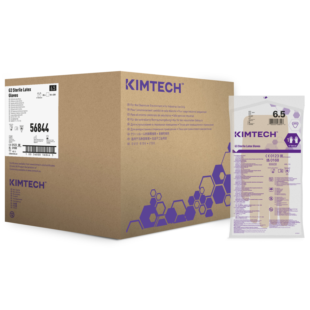 Kimtech™ G3 handspezifische sterile Latexhandschuhe 56844 (vorher HC1365S) – Natur, Größe 6,5, 10 Beutel x 20 Paar (200 Paare/400 Handschuhe), Länge: 30,5 cm - 56844