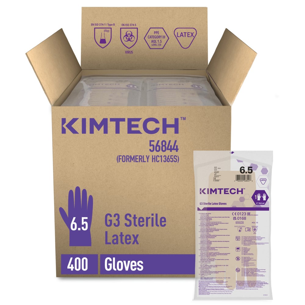 Gants de forme anatomique stériles en latex Kimtech™ G3 56844 (anciennement HC1365S) - Couleur naturelle, taille 6,5, 10 sachets de 20 paires (200 paires / 400 gants), longueur 30,5 cm - 56844