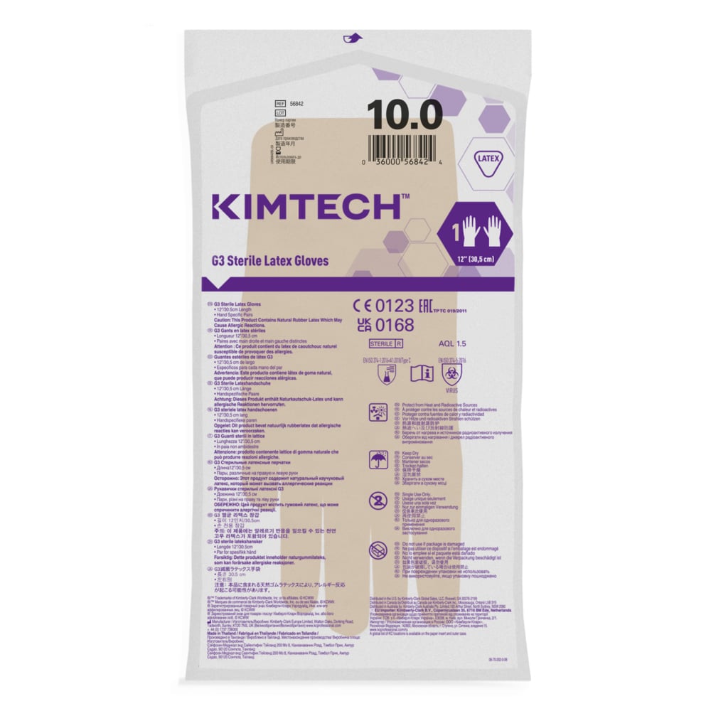 Kimtech™ G3 handspezifische sterile Latexhandschuhe 56842 (vorher HC1310S) – Natur, Größe 10, 10 Beutel x 20 Paar (200 Paare/400 Handschuhe), Länge: 30,5 cm - 56842