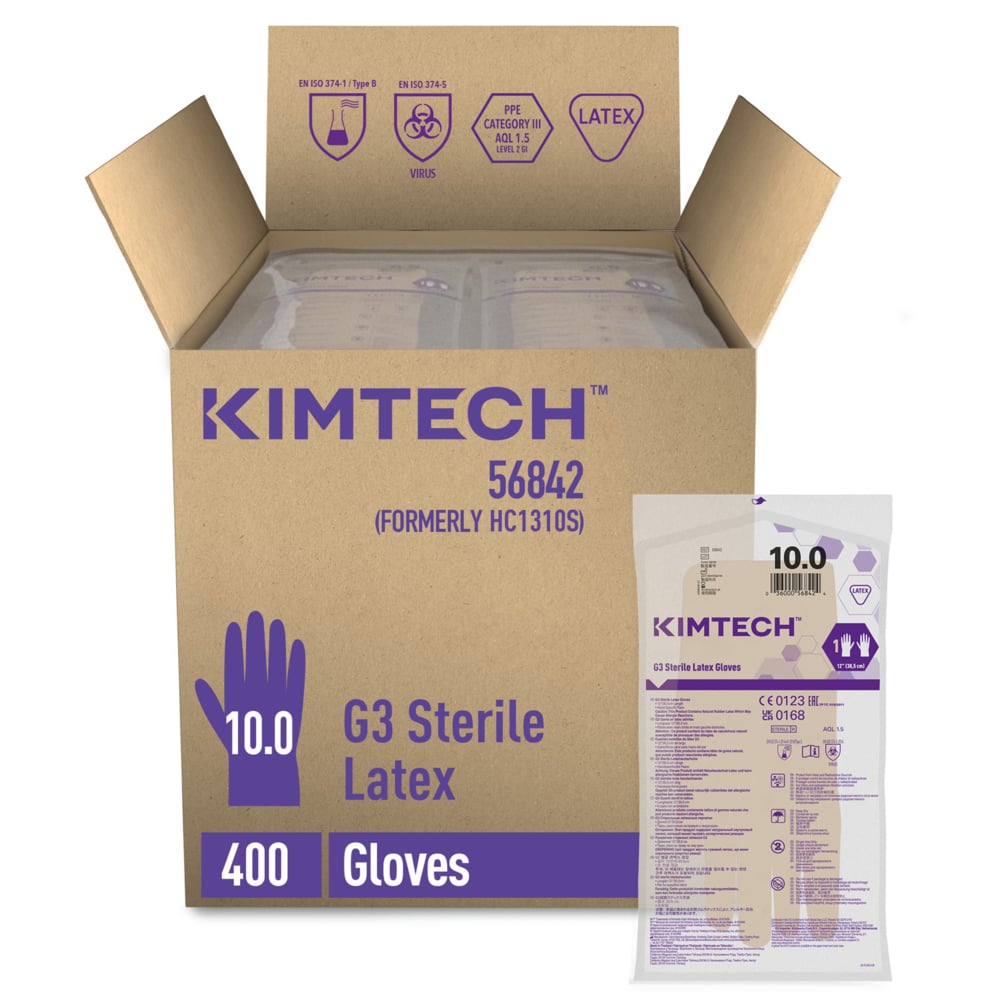 Gants de forme anatomique stériles en latex Kimtech™ G3 56842 (anciennement HC1310S) - Couleur naturelle, taille 10, 10 sachets de 20 paires (200 paires / 400 gants), longueur 30,5 cm - 56842