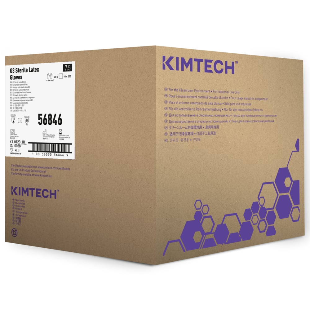 Gants de forme anatomique stériles en latex Kimtech™ G3 56846 (anciennement HC1375S) - Couleur naturelle, taille 7,5, 10 sachets de 20 paires (200 paires / 400 gants), longueur 30,5 cm - 56846