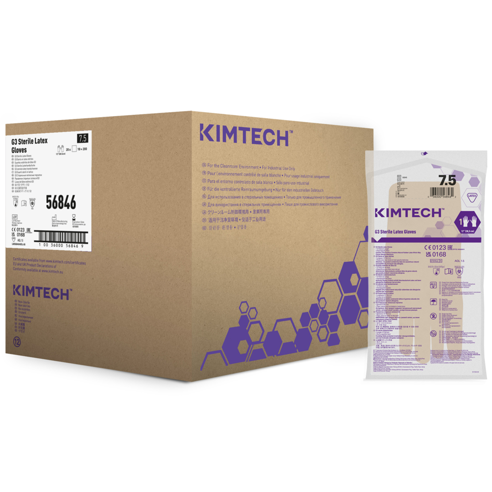 Kimtech™ G3 Sterile Latex Hand Specific Gloves 56846 (Formerly HC1375S) - Natural, Size 7.5, 10 bags x 20 pairs (200 pairs / 400 gloves), length 30.5 cm - 56846