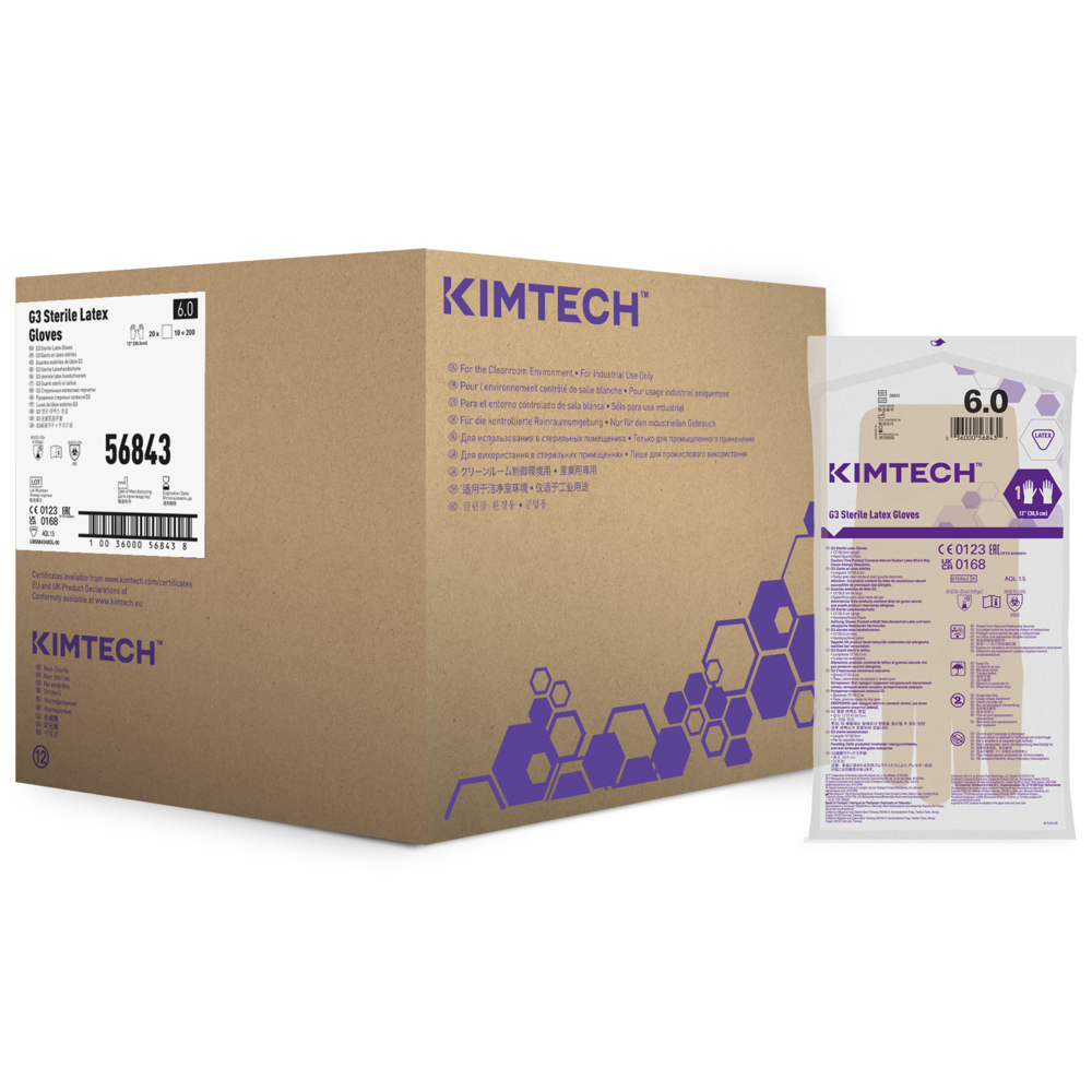 Kimtech™ G3 Sterile Latex Hand Specific Gloves 56843 (Formerly HC1360S) - Natural, Size 6, 10 bags x 20 pairs (200 pairs / 400 gloves), length 30.5 cm - 56843