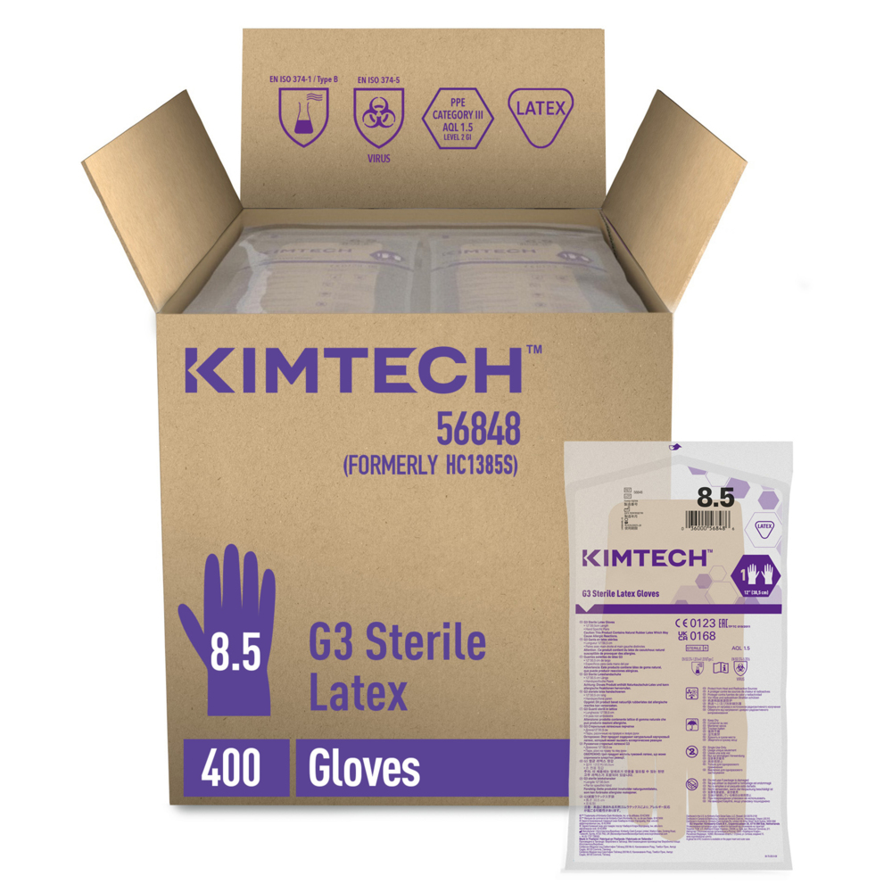 Gants de forme anatomique stériles en latex Kimtech™ G3 56848 (anciennement HC1385S) - Couleur naturelle, taille 8,5, 10 sachets de 20 paires (200 paires / 400 gants), longueur 30,5 cm - 56848