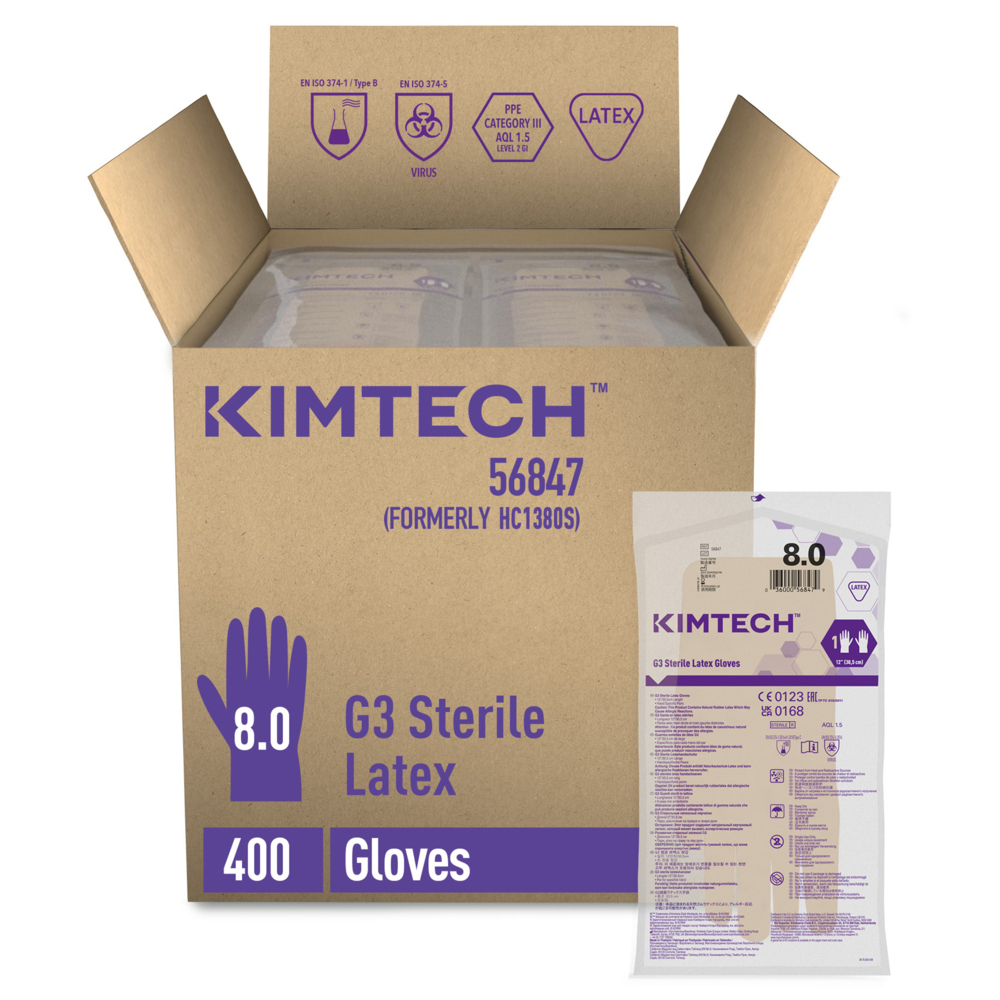 Gants de forme anatomique stériles en latex Kimtech™ G3 56847 (anciennement HC1380S) - Couleur naturelle, taille 8, 10 sachets de 20 paires (200 paires / 400 gants), longueur 30,5 cm - 56847