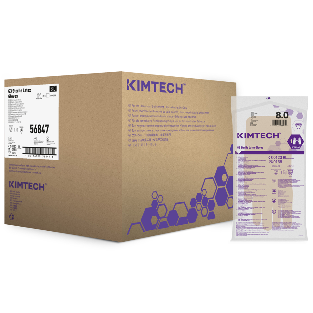 Kimtech™ G3 handspezifische sterile Latexhandschuhe 56847 (vorher HC1380S) – Natur, Größe 8, 10 Beutel x 20 Paar (200 Paare/400 Handschuhe), Länge: 30,5 cm - 56847