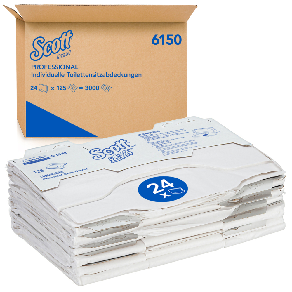 Scott® toiletbrildoekjes voor eenmalig gebruik 6150 - 24 zakken x 125 witte, doorspoelbare toiletbrildoekjes (3000 in totaal) - 6150
