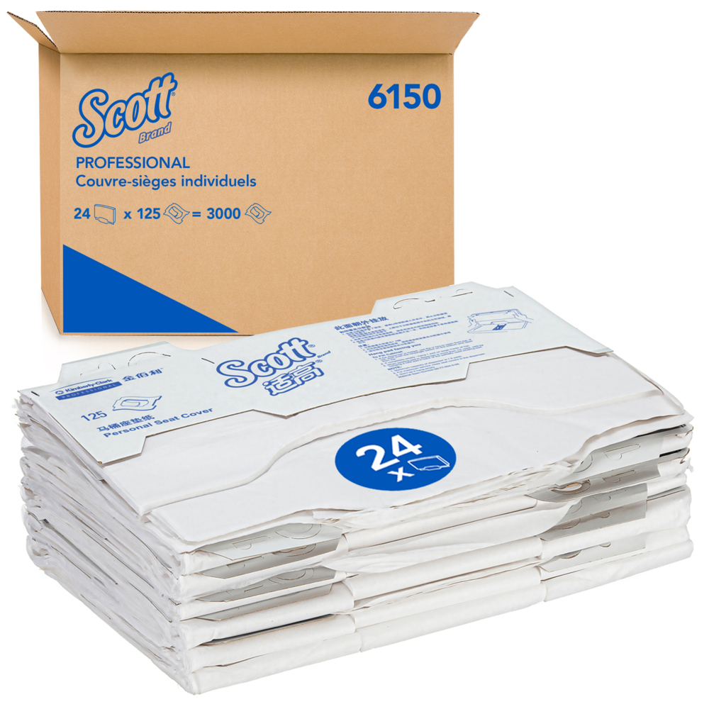 Scott® toiletbrildoekjes voor eenmalig gebruik 6150 - 24 zakken x 125 witte, doorspoelbare toiletbrildoekjes (3000 in totaal) - 6150