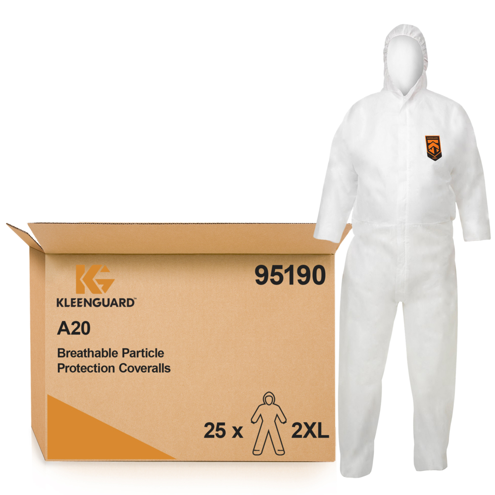 KleenGuard® A20 Atmungsaktive partikeldichte Schutzanzüge mit Kapuze 95190 – PSA – 25 x weiße Einweg-Schutzanzüge in Größe XXL - 95190