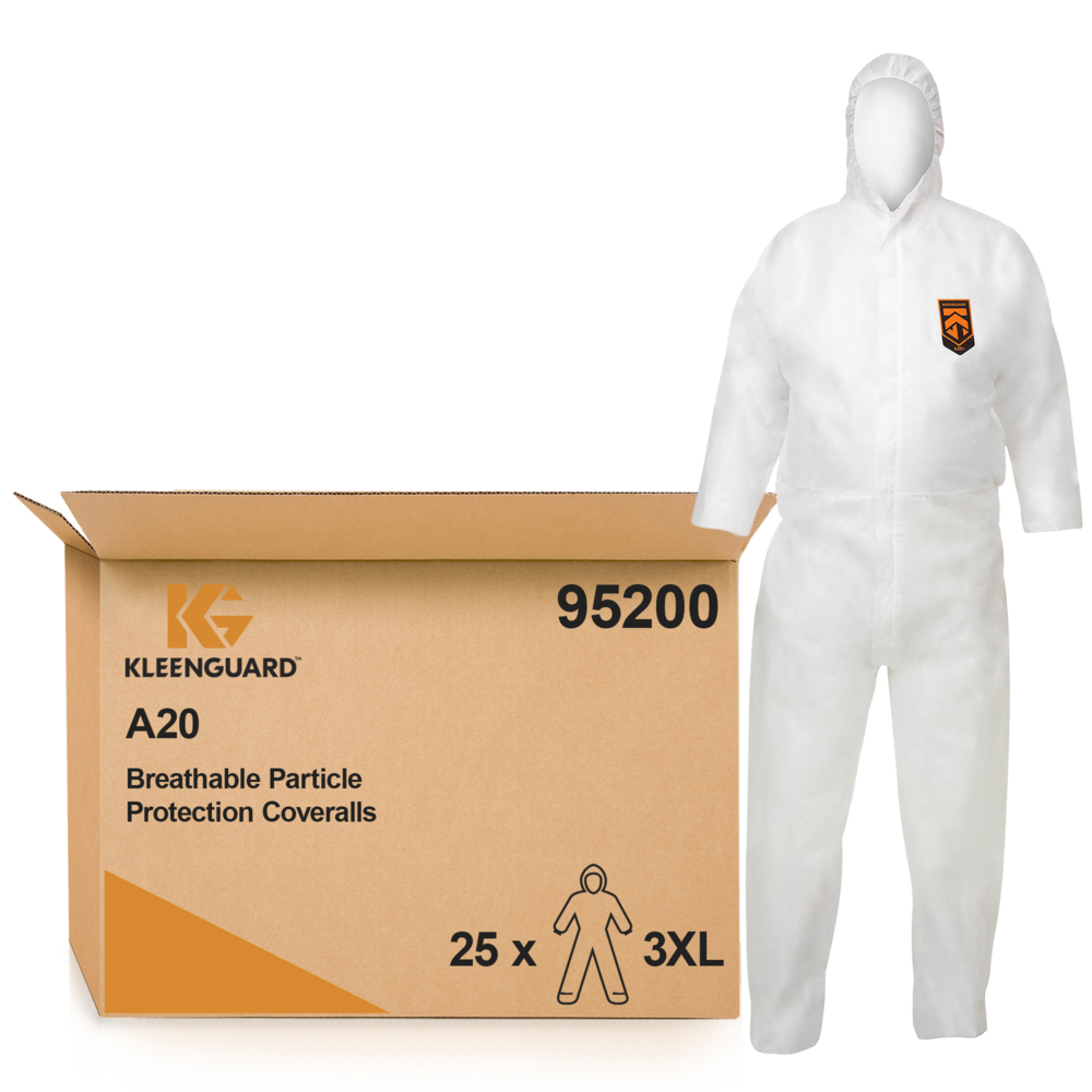 KleenGuard® A20 Atmungsaktive partikeldichte Schutzanzüge mit Kapuze 95200 – PSA – 25 x weiße Einweg-Schutzanzüge in Größe XXXL - 95200