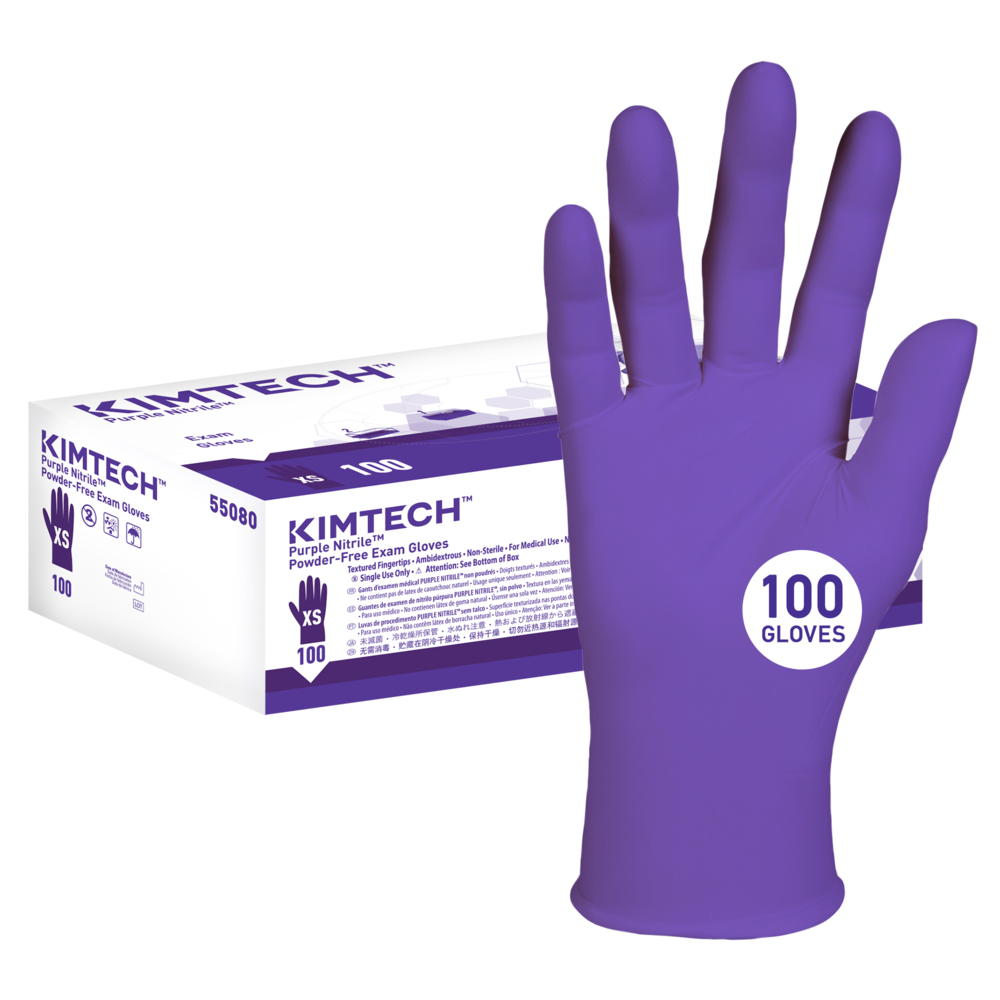 Kimtech™ Purple Nitrile™ Exam Gloves (55080), 5.9 Mil, Ambidextrous, 9.5", XS (100 Gloves/Box, 10 Boxes/Case, 1,000 Gloves/Case) - 55080