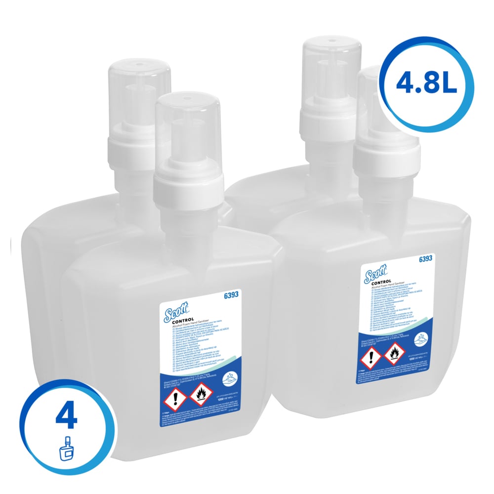 Mousse hydroalcoolique pour les mains Scott® Control™ 6393 - 4 recharges de 1,2 litre de désinfectant pour les mains transparent (4,8 litres au total) - 6393