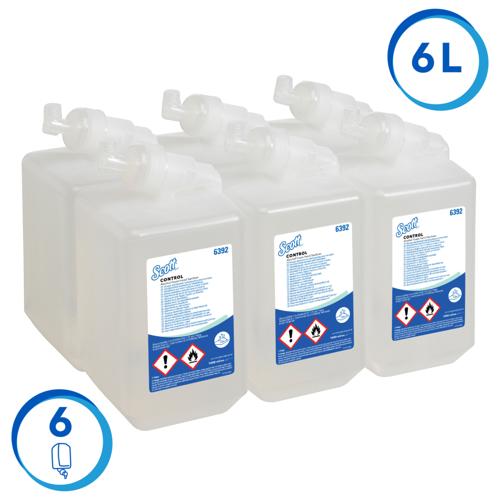 Mousse hydroalcoolique pour les mains Scott® Control™ 6392 - 6 recharges de désinfectant transparent pour les mains de 1 litre (6 litres au total) - 6392