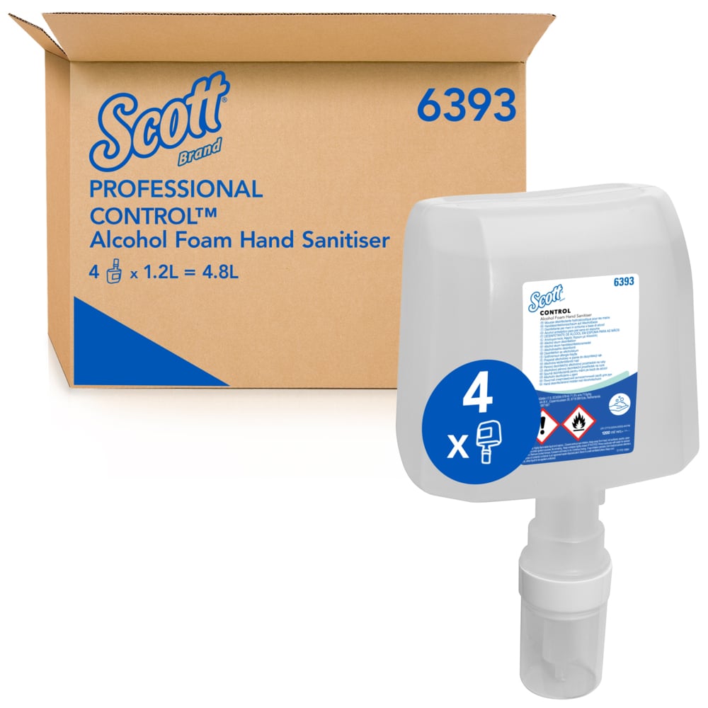 Mousse hydroalcoolique pour les mains Scott® Control™ 6393 - 4 recharges de 1,2 litre de désinfectant pour les mains transparent (4,8 litres au total) - 6393