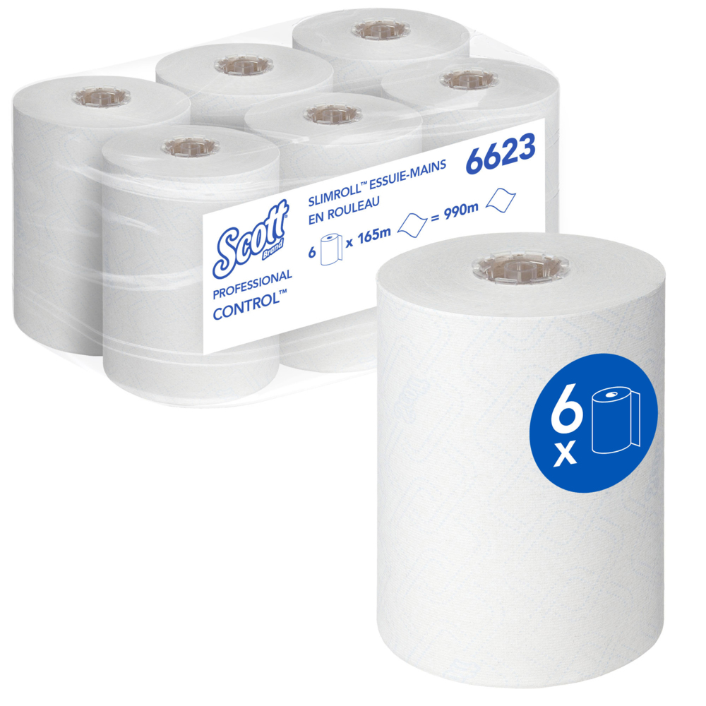 Essuie-mains roulés Scott® Control™ Slimroll™ 6623 – Essuie-mains en papier jetables – 6 rouleaux d'essuie-mains en papier x 165 m d'essuie-mains en papier blancs (990 m au total) - 6623