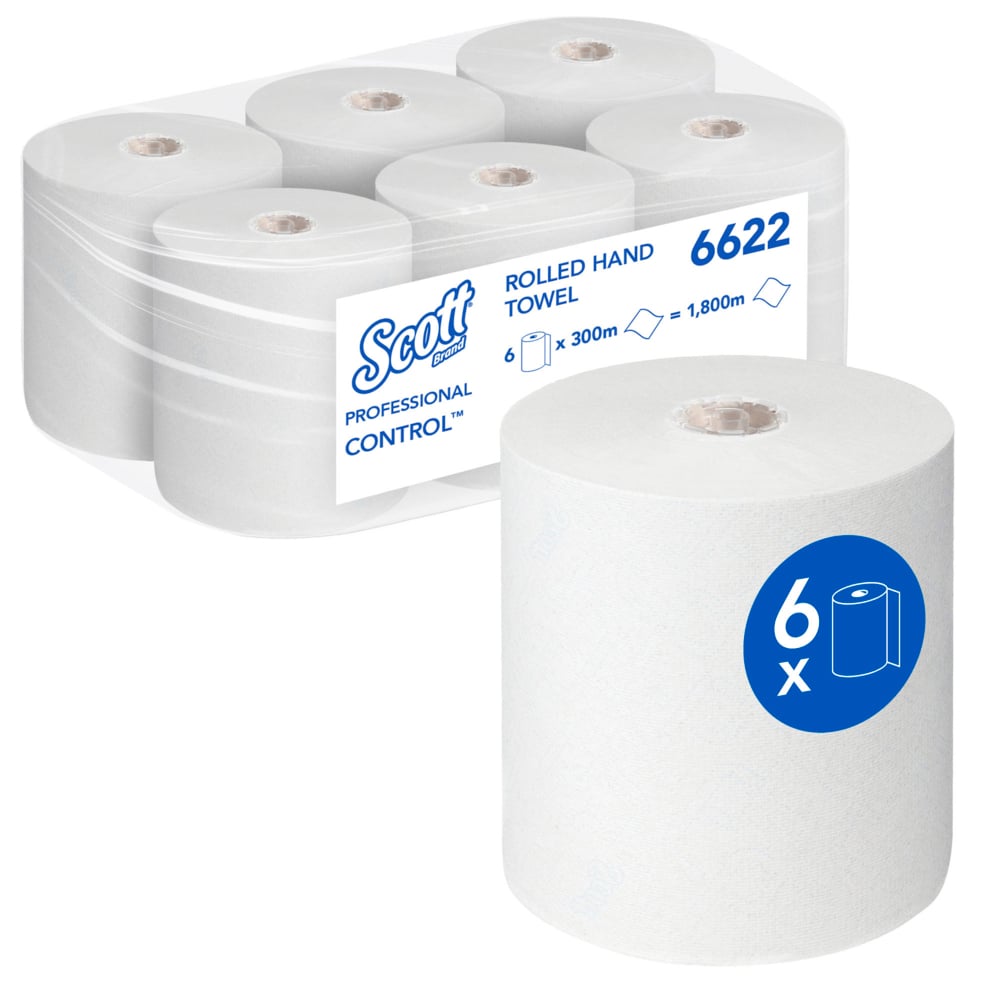 Scott® Control™ Rolled Hand Towels 6622 - Disposable Hand Towels - 6 Paper Towel Rolls x 300m White Paper Hand Towels (1,800m Total)