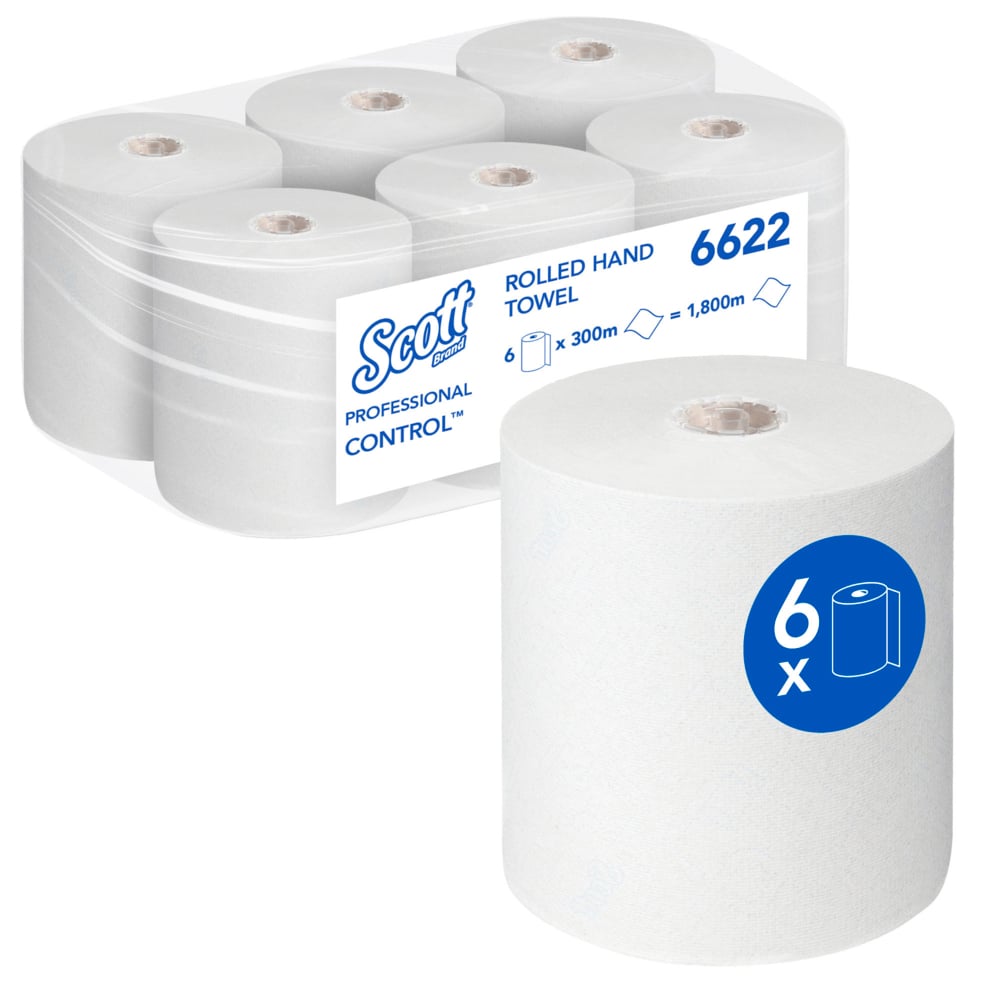 Scott® Control™ Rolled Hand Towels 6622 - Disposable Hand Towels - 6 Paper Towel Rolls x 300m White Paper Hand Towels (1,800m Total) - 6622