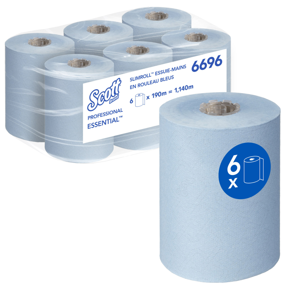 Secamanos en rollo Scott® Essential™ Slimroll™ 6696 - Papel secamanos azul - 6 rollos de papel secamanos x 190 m (1140 m en total) - 6696