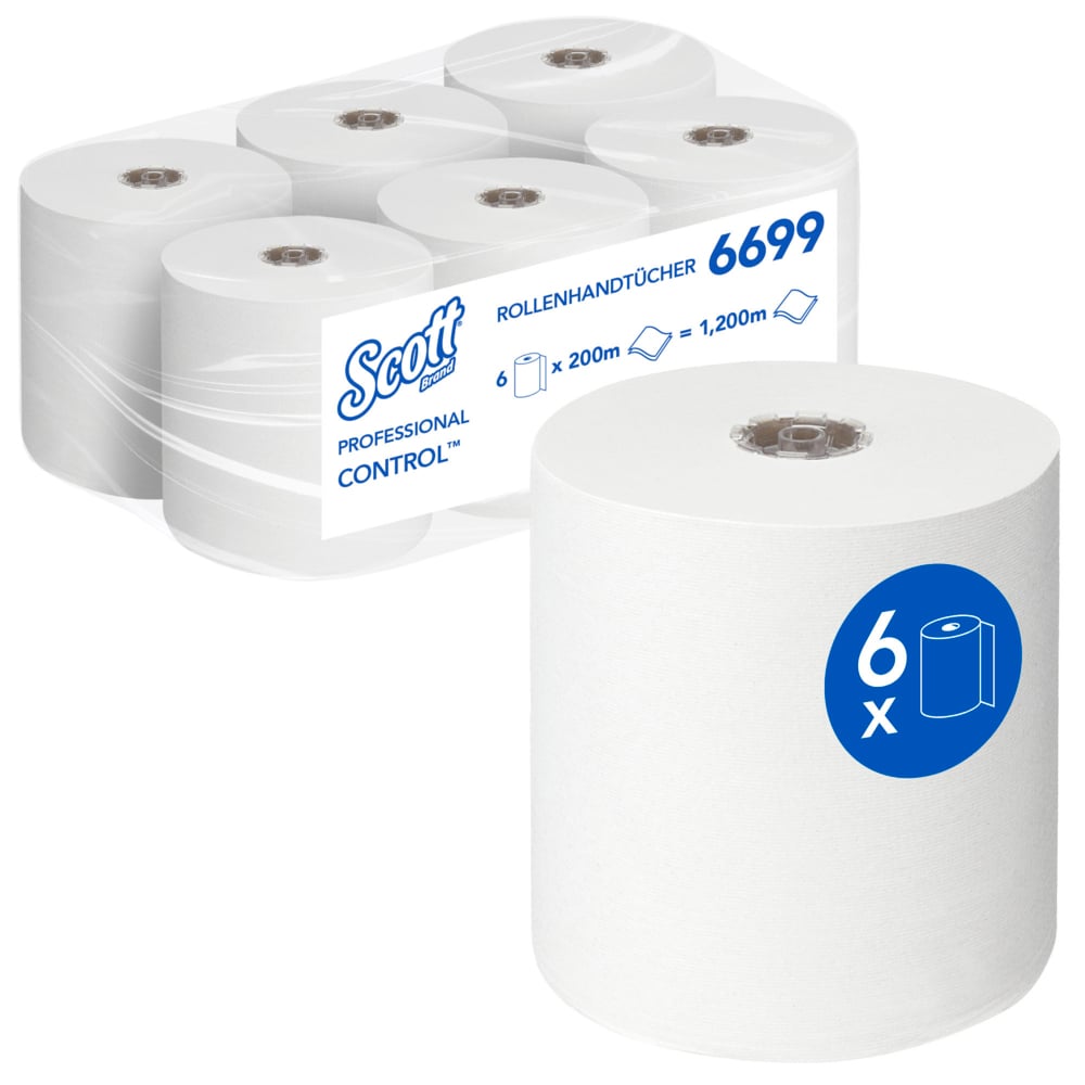 Secamanos en rollo Scott® Control™ 6699 - Papel desechable de 2 capas - 6 rollos de papel x 200 m en blanco (1200 m en total) - 6699