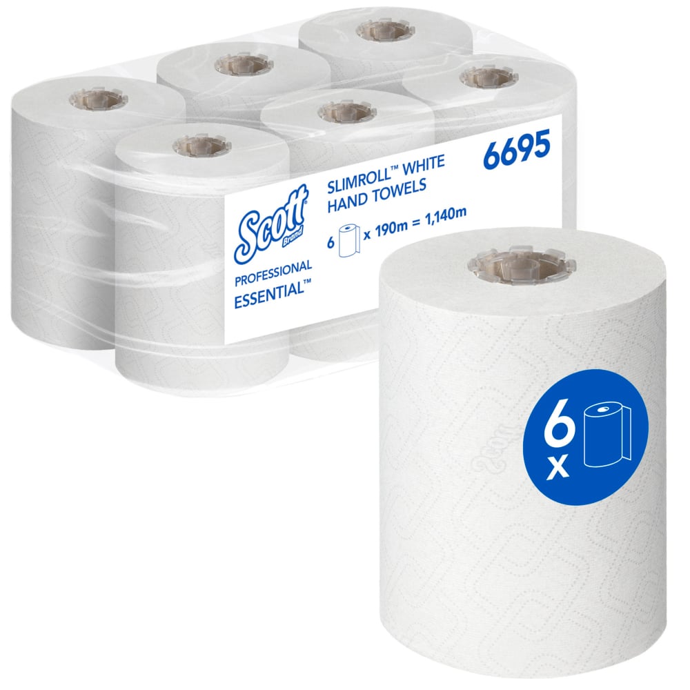 Essuie-mains roulés Scott® Essential™ Slimroll™ 6695 - Essuie-mains roulés en papier - 6 x rouleaux d'essuie-mains en papier blanc de 190 m (1 140 m au total) - 6695