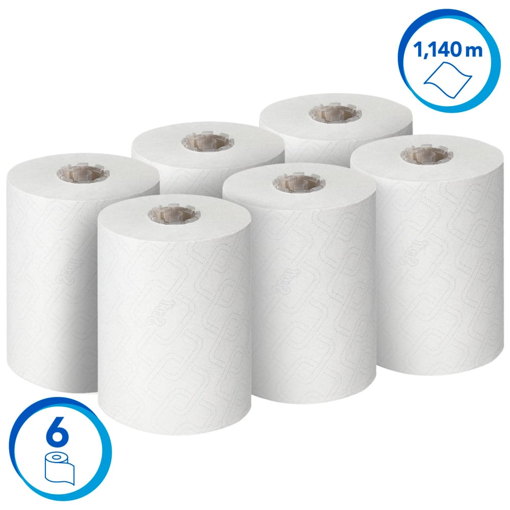 Essuie-mains roulés Scott® Essential™ Slimroll™ 6695 - Essuie-mains roulés en papier - 6 x rouleaux d'essuie-mains en papier blanc de 190 m (1 140 m au total) - 6695