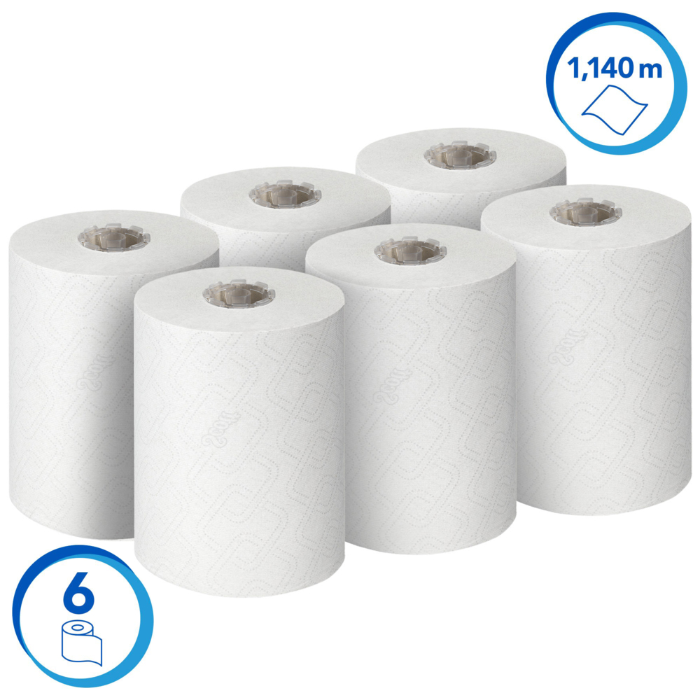 Essuie-mains roulés Scott® Essential™ Slimroll™ 6695 - Essuie-mains roulés en papier - 6 x rouleaux d'essuie-mains en papier blanc de 190 m (1 140 m au total) - 6695