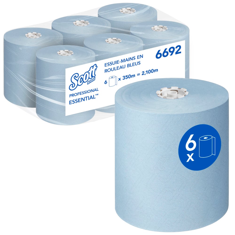Essuie-mains roulés Scott® Essential™ 6692 - Essuie-mains en papier bleu - 6 x rouleaux de 350 m d'essuie-mains en papier (2 100m au total) - 6692