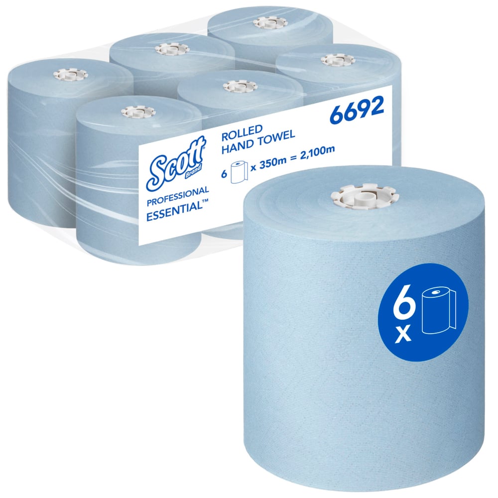 Scott® Essential™ Rollenhandtücher 6692 – blaue Papiertücher – 6 x 350 m Papiertuchrollen (insges. 2.100 m);Scott® Essential™ Papierhandtücher gerollt 6692 – blaue Papiertücher – 6 x 350 m Handtuchrollen (insges. 2.100 m)