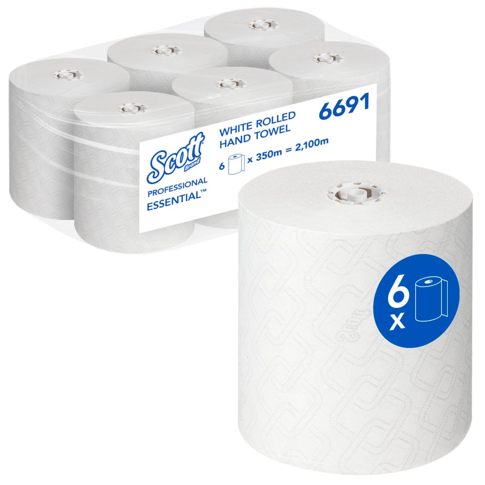 Scott® Essential™ Rolled Hand Towels 6691 - Rolled Paper Towels - 6 x 350m White Paper Towel Rolls (2,100m total) - 6691