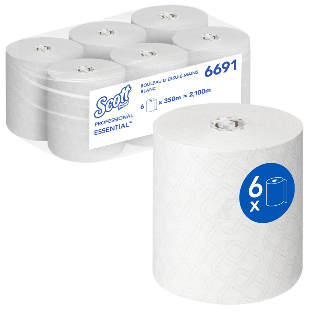 Scott® Essential™ Рулонные бумажные полотенца для рук, код 6691, 6 рулонов x 350 м белой однослойной бумаги (всего 2100 м) - 6691