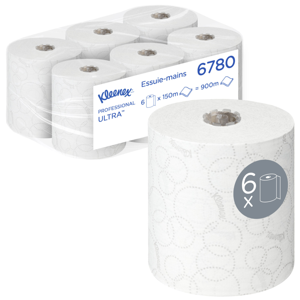 Essuie-mains roulés Kleenex® Ultra™ 6780 - Essuie-mains roulés 2 épaisseurs - 6 x rouleaux d'essuie-mains en papier blanc de 150 m - 6780