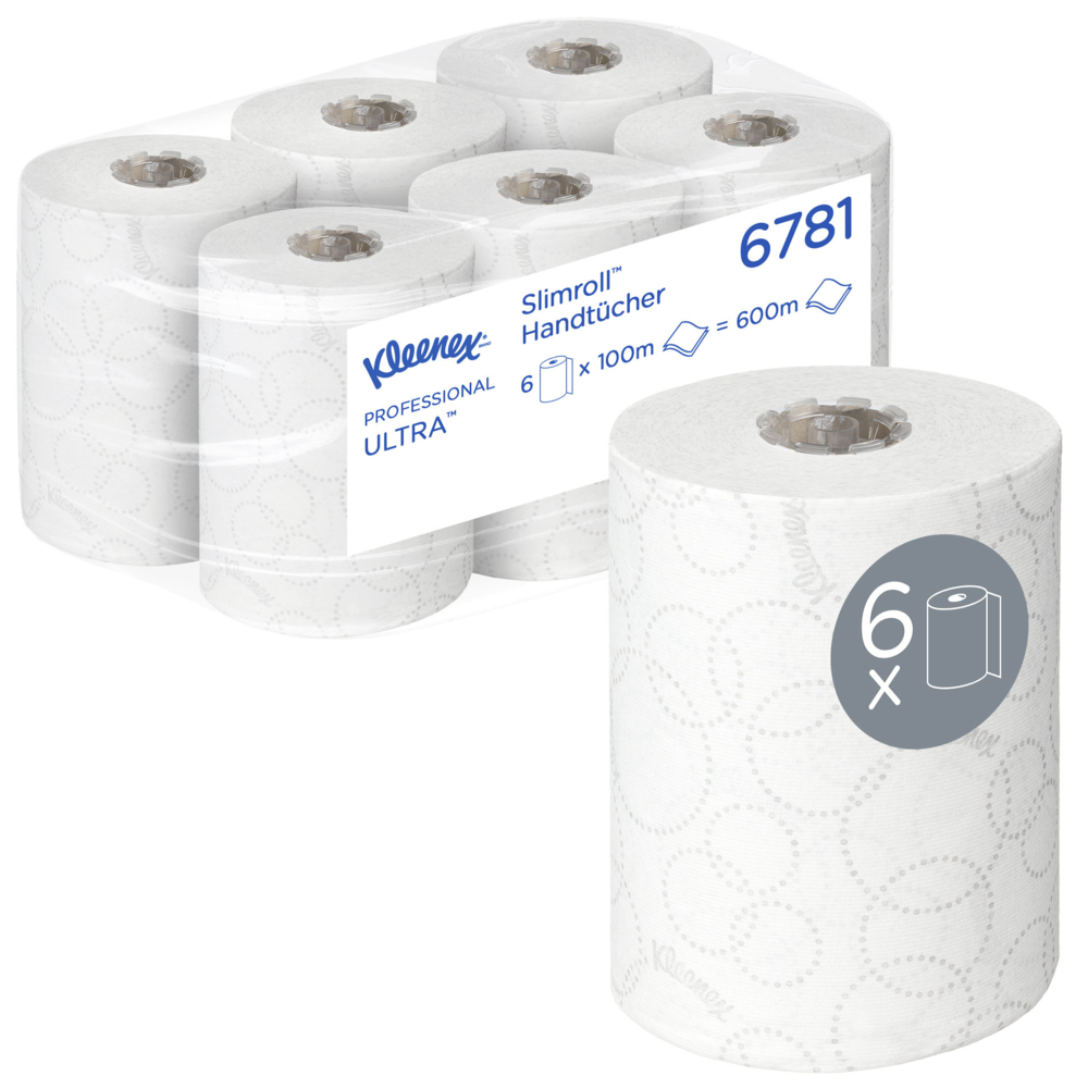 Papel secamanos en rollo Kleenex® Ultra™ Slimroll™ 6781 - Secamanos en rollo de 2 capas - 6 rollos de papel secamanos en blanco x 100 m - 6781