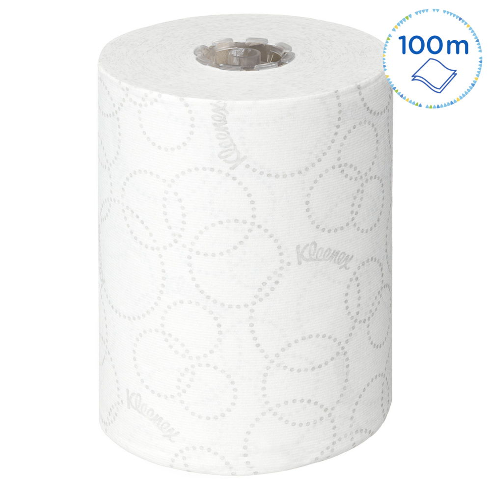 Essuie-mains en rouleau Kleenex® (25630) avec technologie Premium  Absorbency Pockets™, pour les distributrices avec mandrin vert, blancs (700  pi/rouleau, 6 rouleau/caisse, 4 200 pi/caisse);Essuie-tout en rouleau  Kleenex® (25630) avec poches d'absorbance de