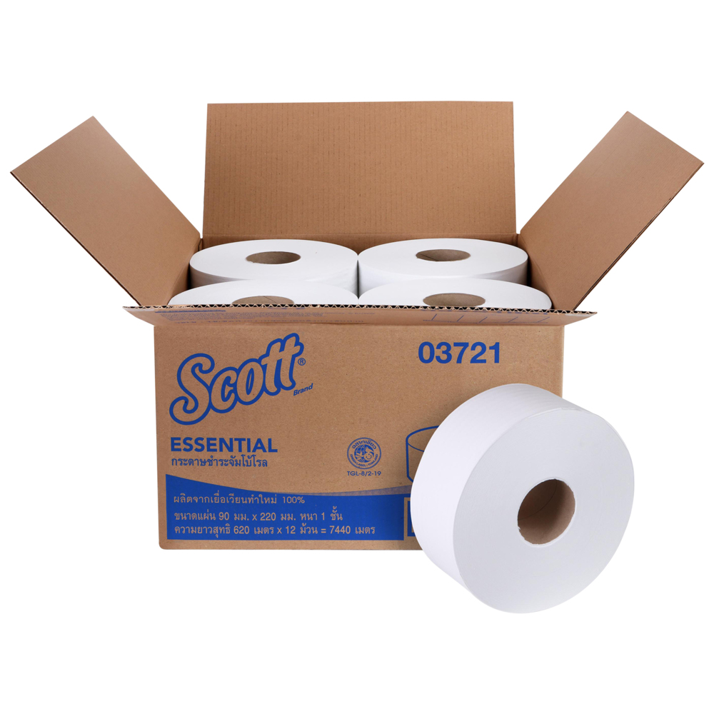 กระดาษชำระแบบม้วนใหญ่ JRT Scott® (03721), สีขาว 1 ชั้น, 12 ม้วน / ลัง, 620 เมตร / ม้วน (รวม 7,440 เมตร) - 03721