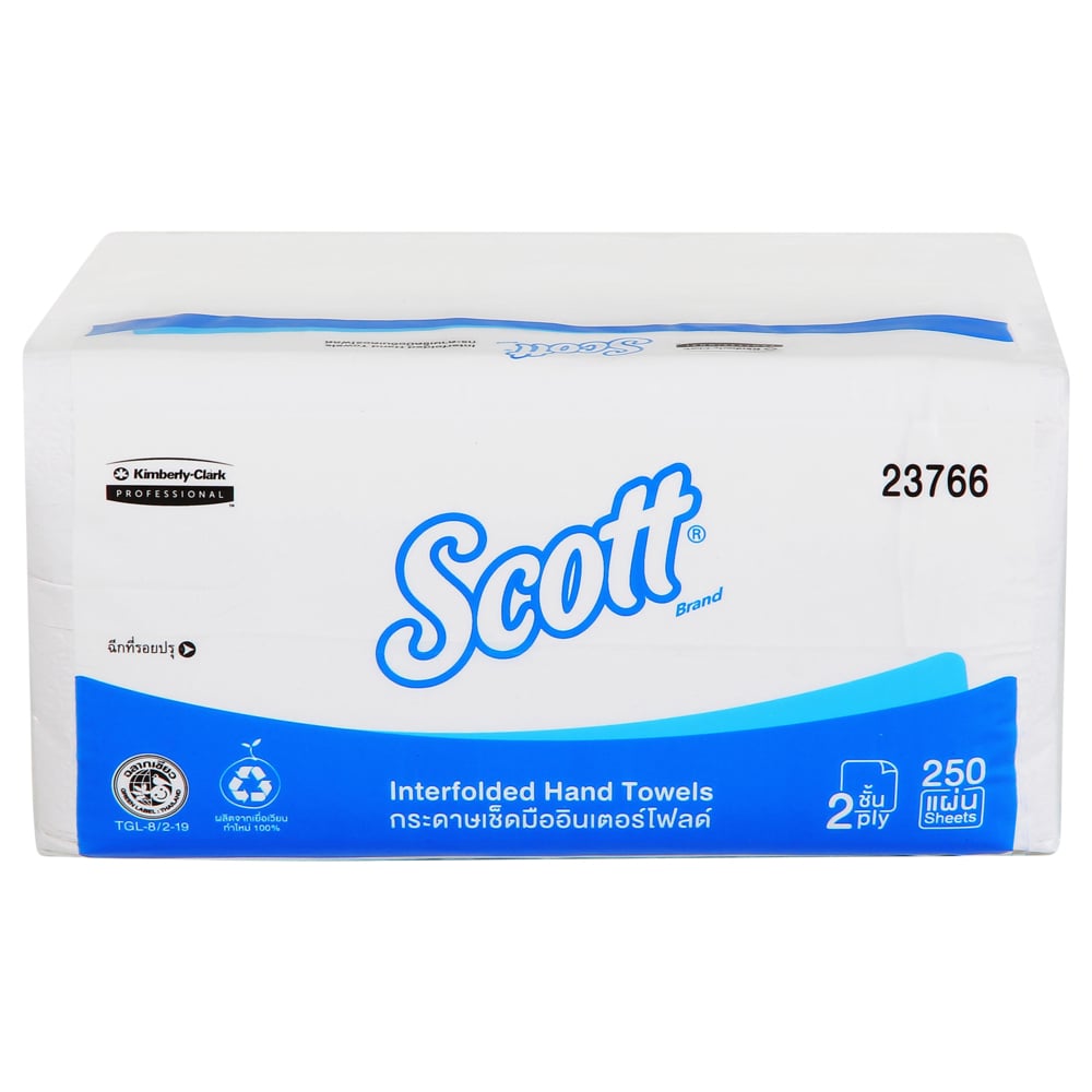 กระดาษเช็ดมือแบบพับครึ่ง Scott® (23766), สีขาว 2 ชั้น, 24 แพ็ค / กล่อง, 250 แผ่น / แพ็ค (รวม 6,000 แผ่น) - S060761003