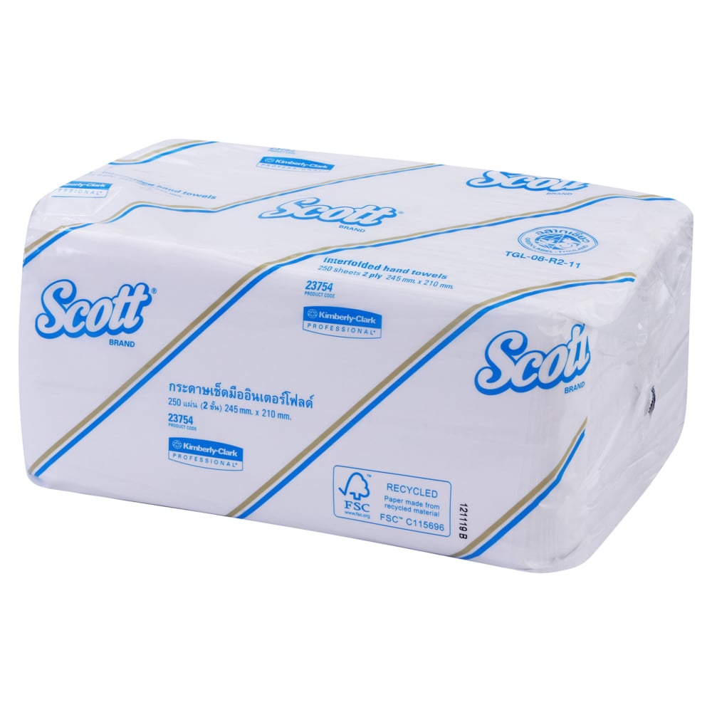 กระดาษเช็ดมือแบบพับครึ่ง Scott® (23754), สีขาว 2 ชั้น, 24 แพ็ค / กล่อง, 250 แผ่น / แพ็ค (รวม 6,000 แผ่น) - S050053899