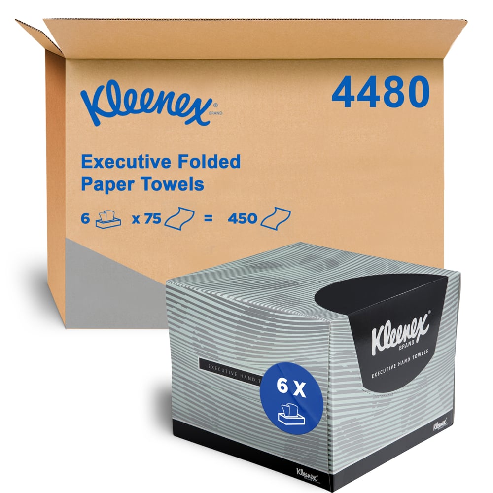 KLEENEX® Executive Hand Towels (4480), Folded Paper Towels, White, 6 Packs / Case, 75 Hand Towels / Pack (450 Total) - S050012699