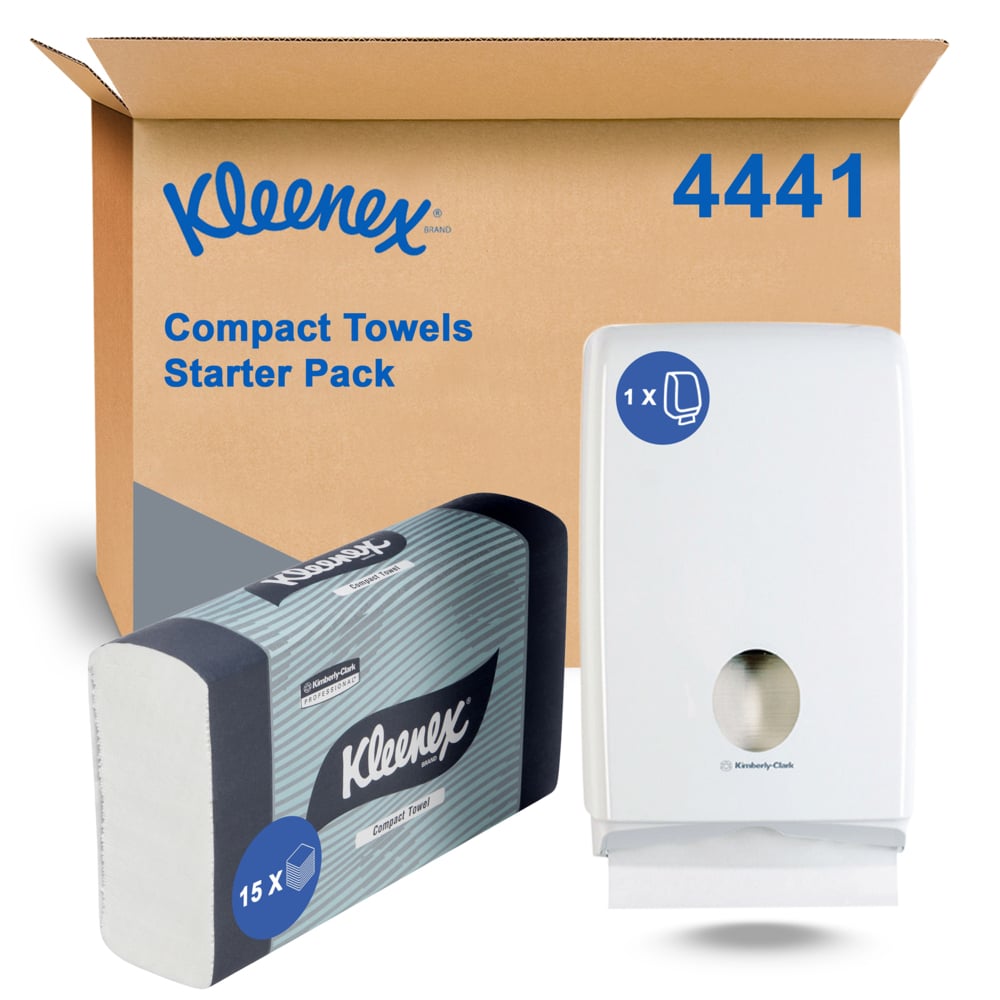 KLEENEX® Compact Towels Starter Pack (4441), Paper Towels, White, 15 Packs And 1 Dispenser / Case - S050012733