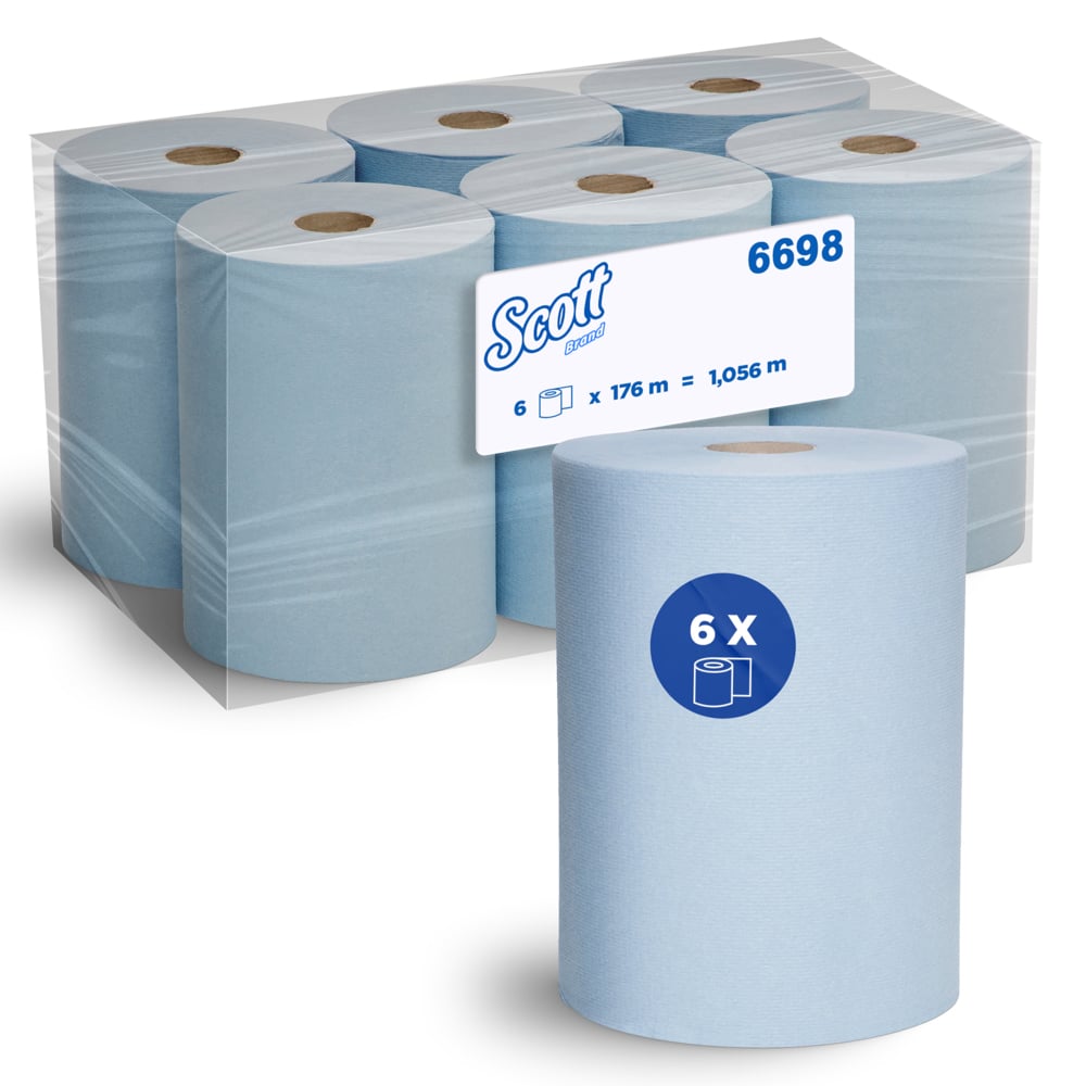 SCOTT® Slimroll Paper Hand Towels (6698), Blue Roll, 6 Rolls / Case, 176m / Roll (1,056m) - S058203035