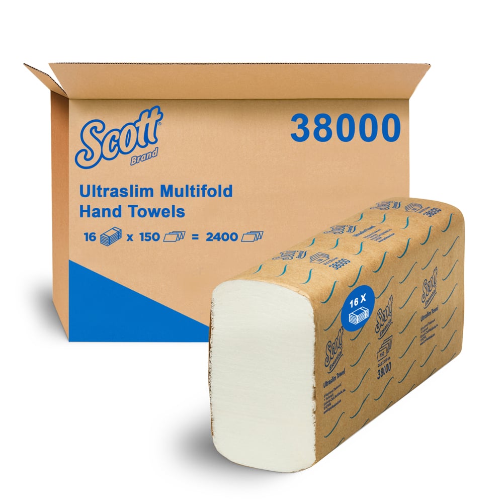 SCOTT® ESSENTIAL® Ultraslim Towels (38000) Multifold Hand Towels, White, 16 Packs / Case, 150 Hand Towels / Pack (2400 Hand Towels) - S055156134