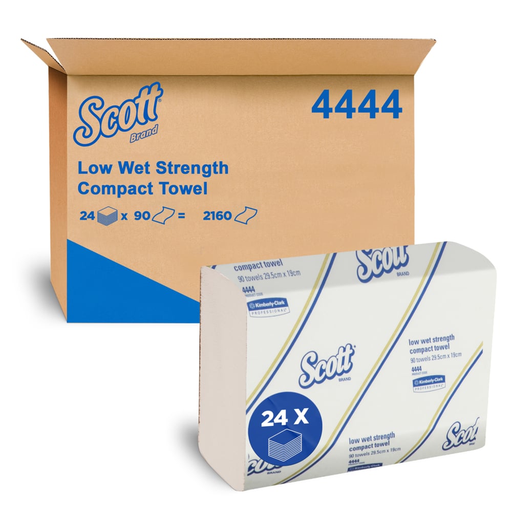 SCOTT® Low Wet Strength Towel (4444), Compact Towels, 24 Packs / Case, 90 Hand Towels / Pack (2160 Hand Towels) - S050012696
